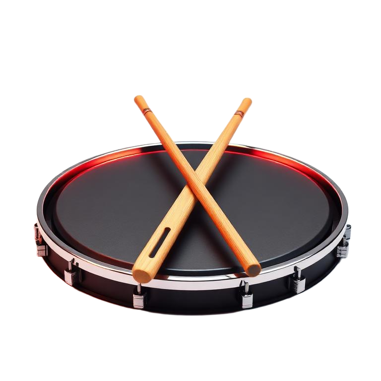 Crossed wooden drumsticks resting on a practice pad
