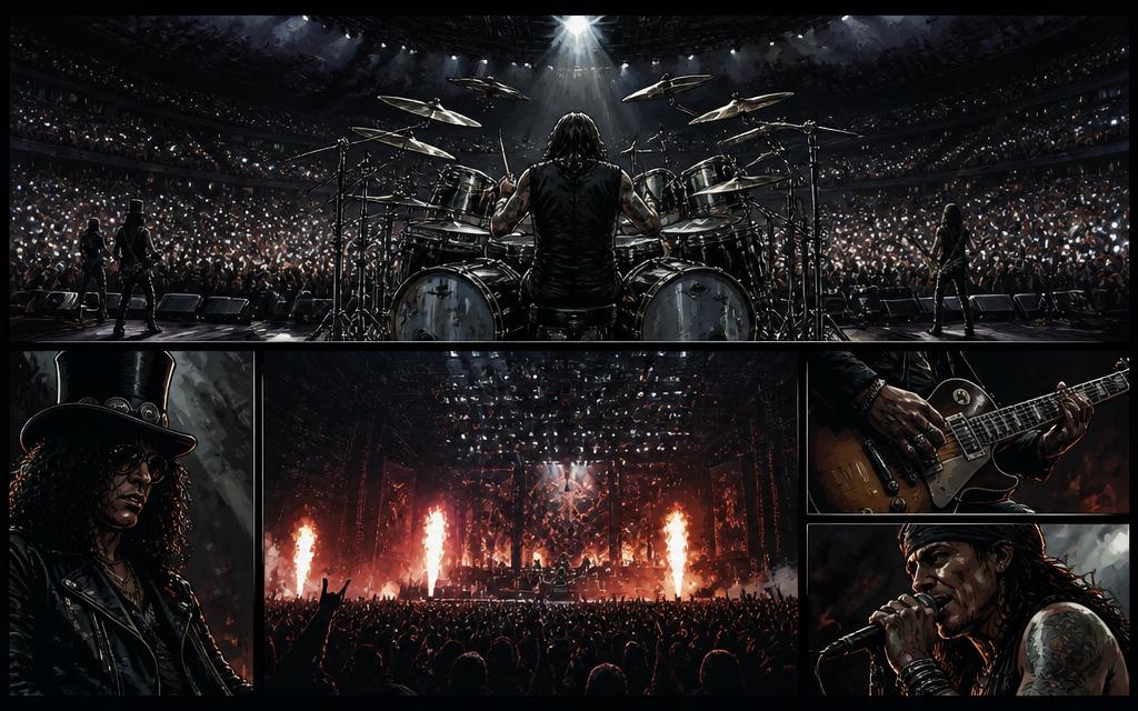 Storyboard: an arena crowd seen from behind a huge drum riser