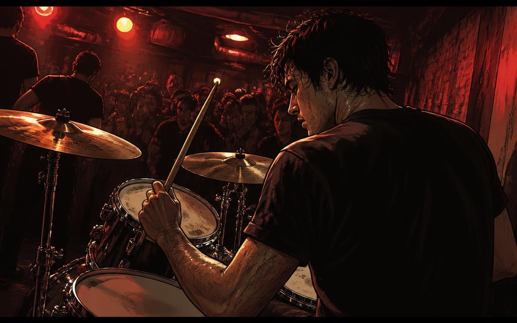 Storyboard: a drummer playing a packed sweaty basement club under red lights