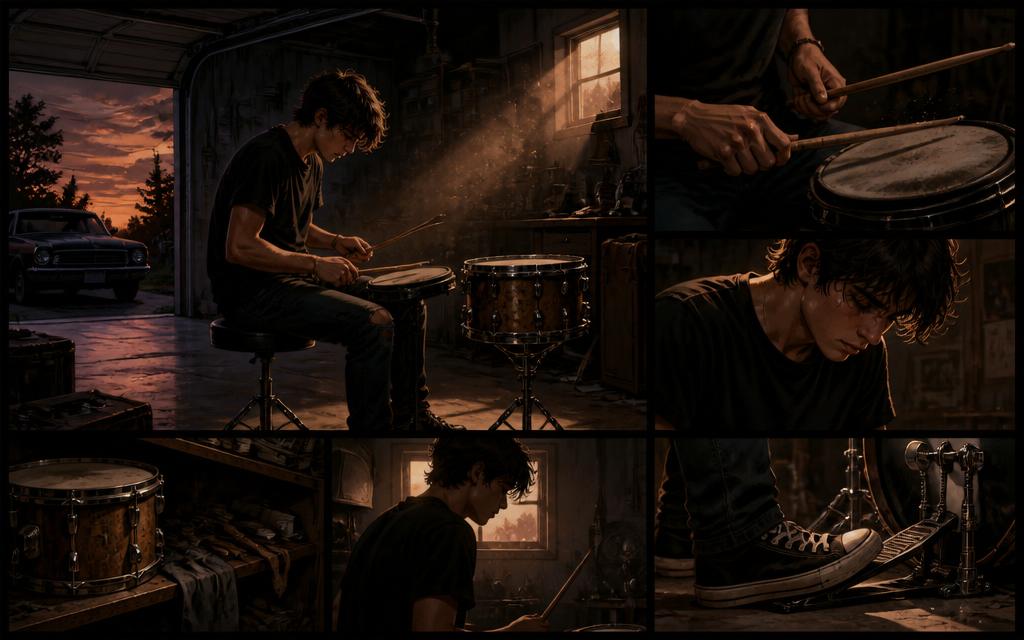 Storyboard: a young drummer practising alone in a dusty garage at dusk