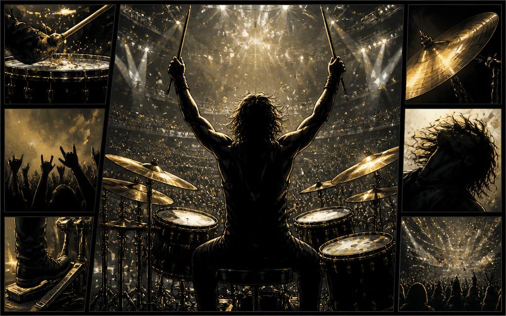 Storyboard: a drummer raising both sticks in triumph under stadium lights