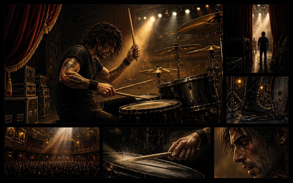 Storyboard: a drummer mid-fill on a theater stage lit by warm spotlights