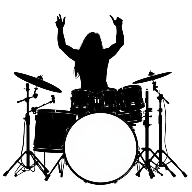 Silhouette of a drummer at a big single bass drum kit, arms raised