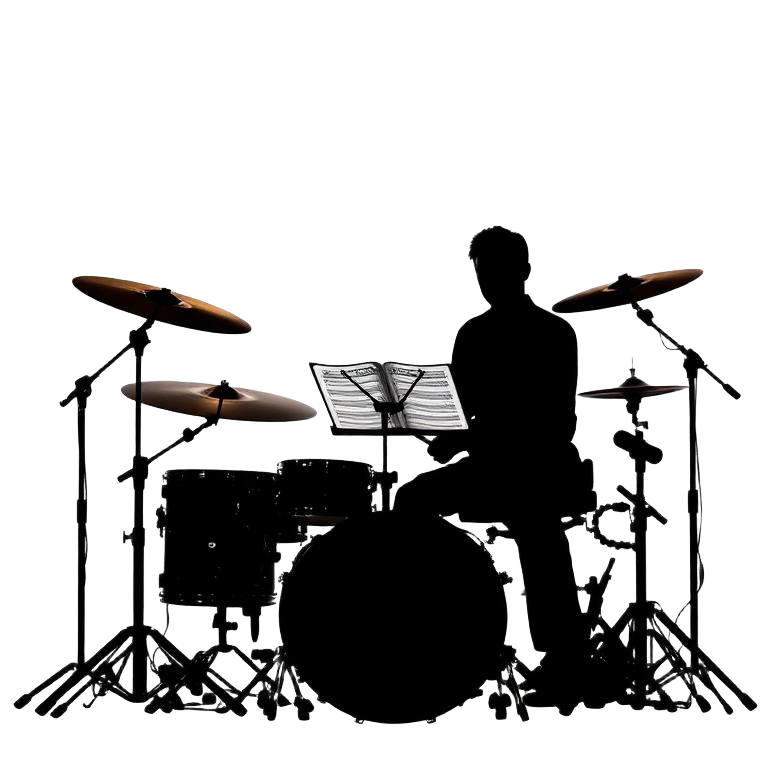 Silhouette of a session drummer reading a chart at a complex kit