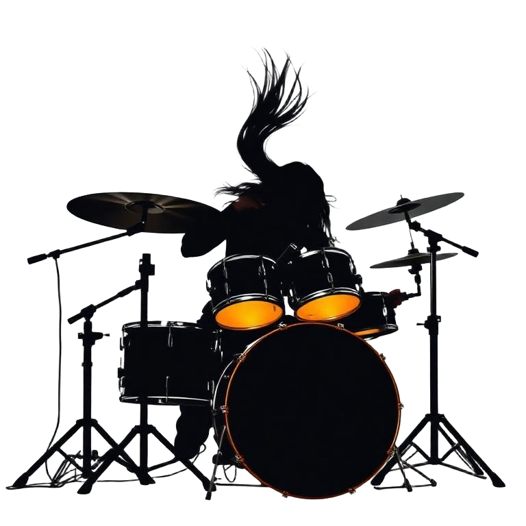 Silhouette of a rock drummer smashing a snare, hair thrown forward