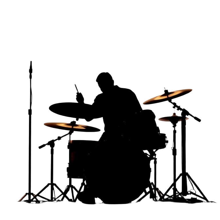 Silhouette of a jazz drummer leaning into a large ride cymbal