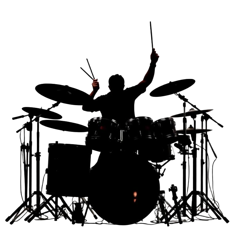 Silhouette of a drummer mid-fill at a double bass drum kit