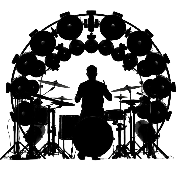 Silhouette of a drummer inside a huge 360-degree kit with gongs