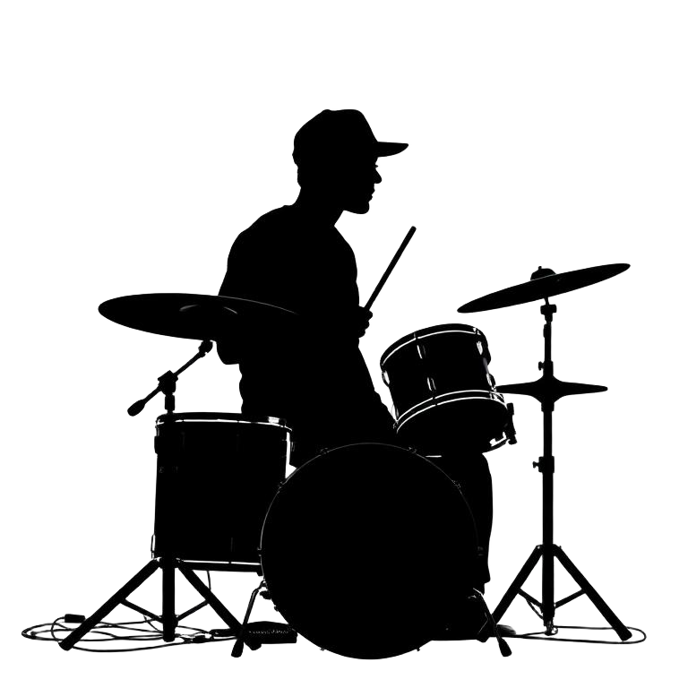 Silhouette of a capped funk drummer at a compact four-piece kit