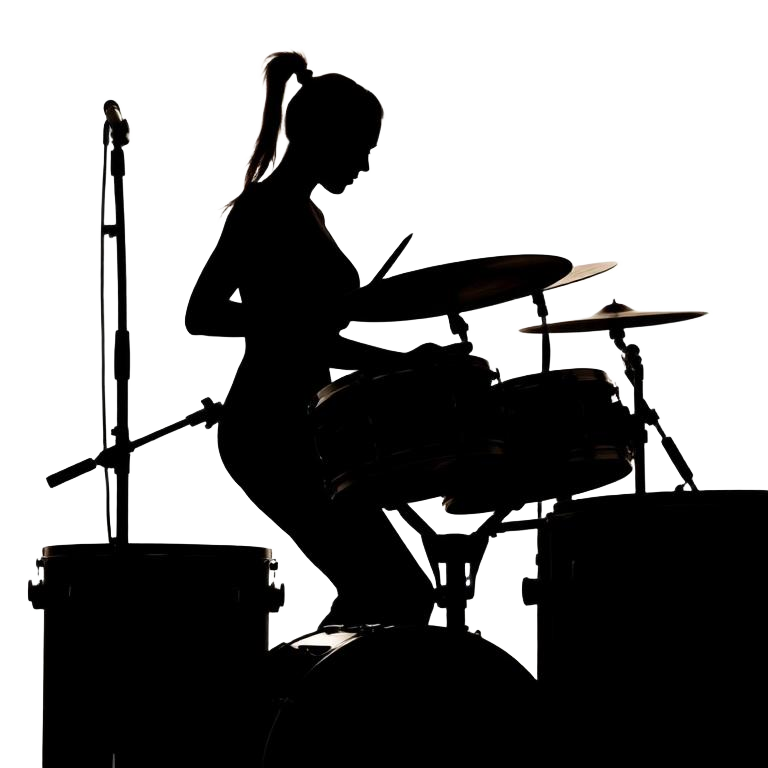 Silhouette of a percussionist standing at timbales and cymbals