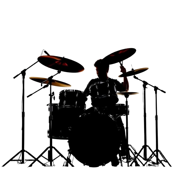 Silhouette of a young jazz drummer at a kit with a tall ride cymbal