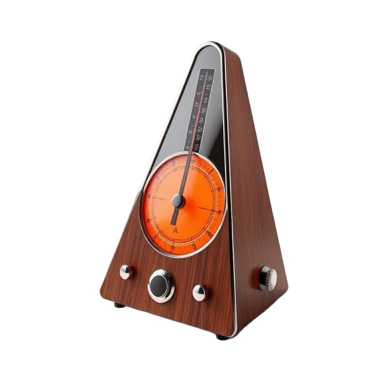 Chrome and walnut metronome with a glowing amber tempo dial